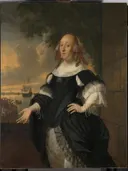 Geertruida den Dubbelde (1647 84), Wife of Aert van Nes van Bartholomeus van der Helst: portret met vrouw, zwarte jurk, witte mouwen en schepen, in zwart met wit en blauw