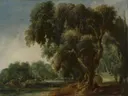 Gefantaseerd boslandschap van Jacob van Geel: landschap met bos, bomen, water en oever, in gedempt groenbruin