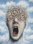 Surrealistisch schilderij van een schreeuwend gezicht met een hoofd van uiteenvallende steenfragmenten tegen een blauwe wolkenlucht