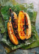 Stilleven van gegrilde bakbananen op een houtskoolgrill