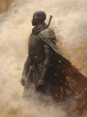Gehulde krijger in de mist, portret schilderij