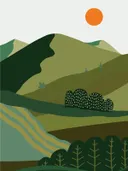 Illustratie van groene bergen en heuvels met een oranje zon en een rivier