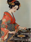 Geisha achter DJ-draaitafel