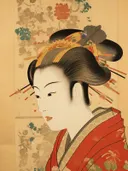 Vrouw in profiel met gouden haartooi en rode kimono.