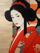 Portret van vrouw met rode haarbloem en kimono met parasolpatroon.