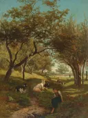 Geitenhoedster van Gerard Bilders: landschap met bomen, geiten, herderin en weide, in warm groen met bruin