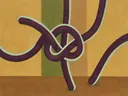 Schilderij van geknoopte lus in aubergine en mint, in vlakke kleurvlakken