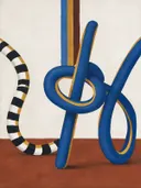 Geknoopte lus in donker kobalt en oker, schilderij van geknoopte lus