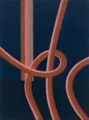 Schilderij van geknoopte lus in terracotta en roze, in vlakke kleurvlakken