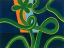 Schilderij van geknoopte steel met bloem in groen en geel, in vlakke kleurvlakken