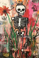 Schilderij van een gekroond skelet tussen gras met een oranje bloem op rode achtergrond