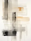 Abstracte compositie met gelaagde grijze en zwarte vlakken en een oranje lichtstreep.