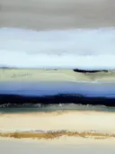 Abstract gelaagd landschap schilderij in blauw en groen