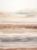 Abstract schilderij met horizontale gelaagde banden in zand- en roestkleuren.