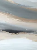 Abstract landschap schilderij met gelaagde stroken in blauw en goud
