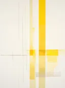 Minimalistische abstracte compositie met gele verticale banen en dunne lijnen op crème