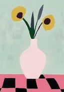 Schilderij van gele bloemen in een roze vaas