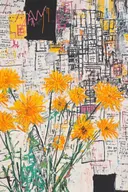 Gele bloemen op krantencollage, botanisch schilderij