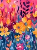 Gele en oranje bloemen tegen een felroze en blauwe achtergrond