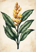 Botanische prent van een gele bloem met groene bladeren