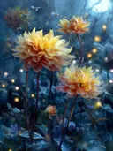 Schilderij van gele dahlia's met bijen in een maanverlicht bos
