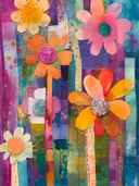 Mixed-media collage met gele, oranje en roze bloemen op een paars-turquoise achtergrond