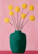 Illustratie van een boeket gele knopbloemen in een groene vaas