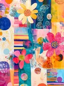 Gele margriet en roze bloemen op een kleurrijke collage-achtergrond