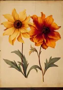Botanische prent van gele en oranje bloemen