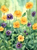 Aquarel schilderij van gele en paarse viooltjes tussen groene bladeren