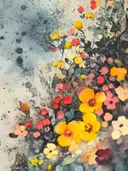 Aquarel van gele en rode bloemen tegen een donkere inktgespikkelde achtergrond