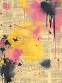 Abstract schilderij met gele en roze inktspatten en zwarte druipers op krantenpapier