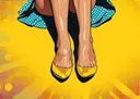 Pop-art illustratie van voeten in gele schoenen met een blauwe stippenjurk tegen een gele achtergrond
