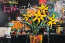 Gele stervormige bloemen in oranje pot op zwarte achtergrond met roze graffiti tekst