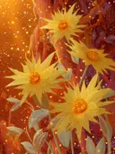 Schilderij van gele stervormige bloemen in een gouden sterrennevel