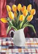 Stilleven van gele tulpen in een witte kan