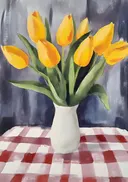 Schilderij van gele tulpen in een witte vaas