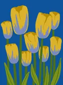 Illustratie van gele tulpen met groene stelen op een blauwe achtergrond
