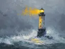 Schilderij van een gele vuurtoren met lichtbundel tijdens een zware storm