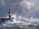 Schilderij van een gele vuurtoren op een pier met vogels tijdens storm