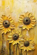 Gele zonnebloemen geschilderd met palet-mes-textuur en reliëf-effect