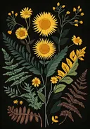 Botanisch schilderij van gele bloemen tussen varens