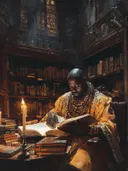 Man leest bij kaarslicht in bibliotheek