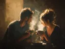 Schilderij van een paar dat koffie deelt bij warm licht