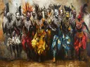 Groep gemaskerde dansers in kleurrijke kostuums
