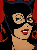 Pop-art portret van een vrouw met een zwart kattenmasker