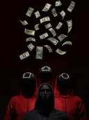 Schilderij van gemaskerde figuren in rode hoodies onder vallende dollarbiljetten
