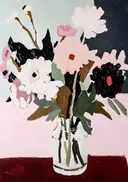 Schilderij van een bloemenboeket in een witte vaas