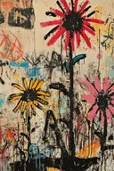Schilderij van drie verschillende bloemen in rood, geel en roze op crème graffiti-achtergrond