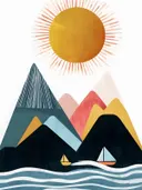 Grafisch landschap schilderij met bergen, zon en zeilboten